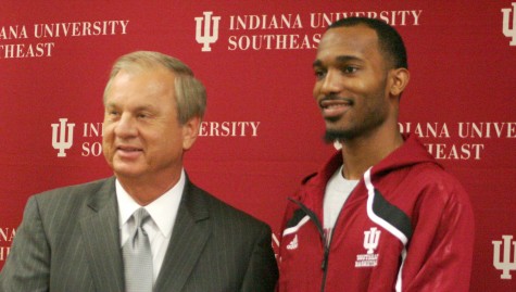 Doug England, mayor of New Albany, stands with Jazzmarr Ferguson, senior guard, at the send-off celebration on March 4.