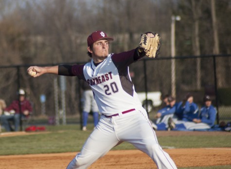 Joey Harness, senior pitcher, throws a pitch during the Grenadiers’ game against the Alice Lloyd Eagles on April 5. During the weekend, the Grenadiers played four games against the Eagles, and went on to win three of the four. During the first two games, the Grenadiers held strong and Alice Lloyd was not able to score a single run in either game.