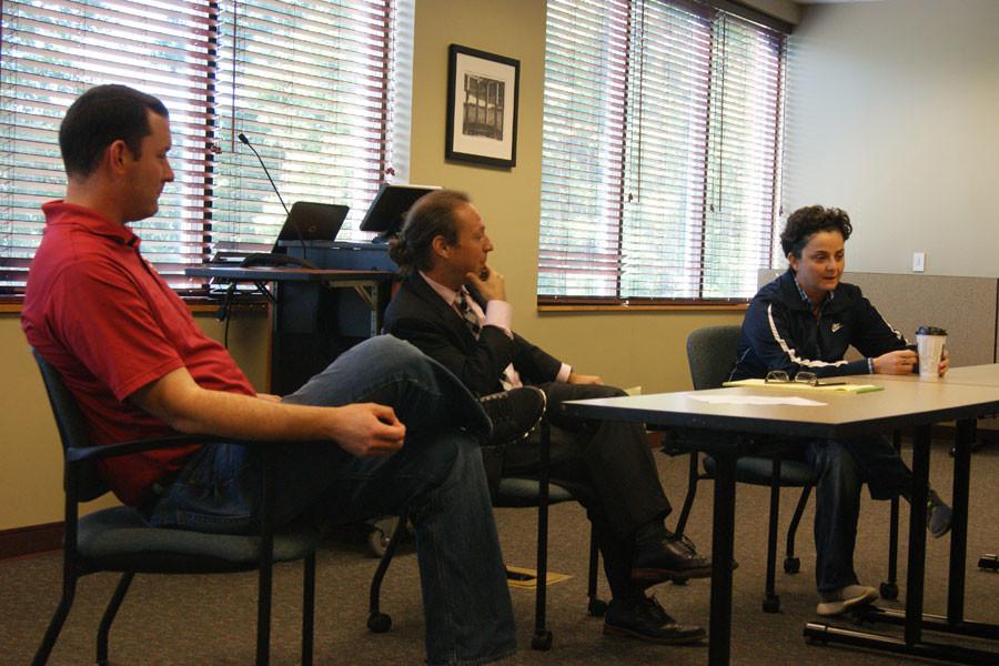 Fugees+Family+coach+Luma+Mufleh+responds+to+a+question+posed+by+Deputy+Director+of+Athletics+Denny+Williams.+