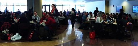 The tables in The Commons fill up as students gather to eat lunch with friends and listen to Haley’s music. 