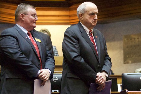 IUS Chancellor Ray Wallace and IU President Michael McRobbie wait to speak before the House of Representatives.