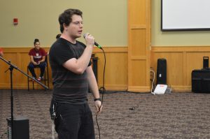 Josh Peterson, music therapy sophomore, began his performance by beatboxing, but began singing after multiple technical difficulties with the sound system.