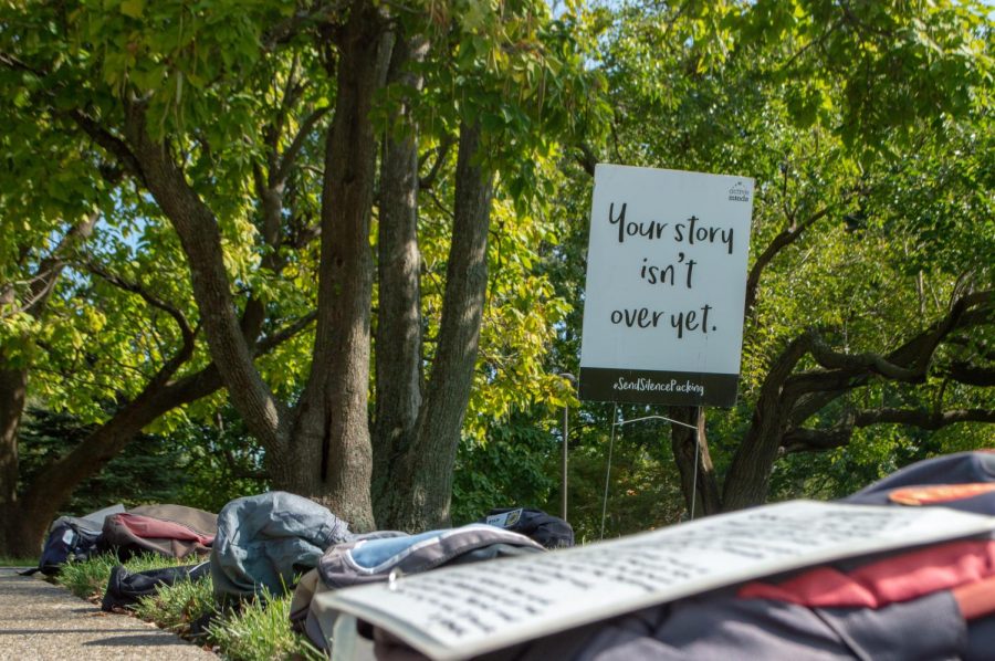The+lawn+was+decorated+with+1%2C000+backpacks+around+IU+Southeast%2C+including+in+front+of+the+Library.