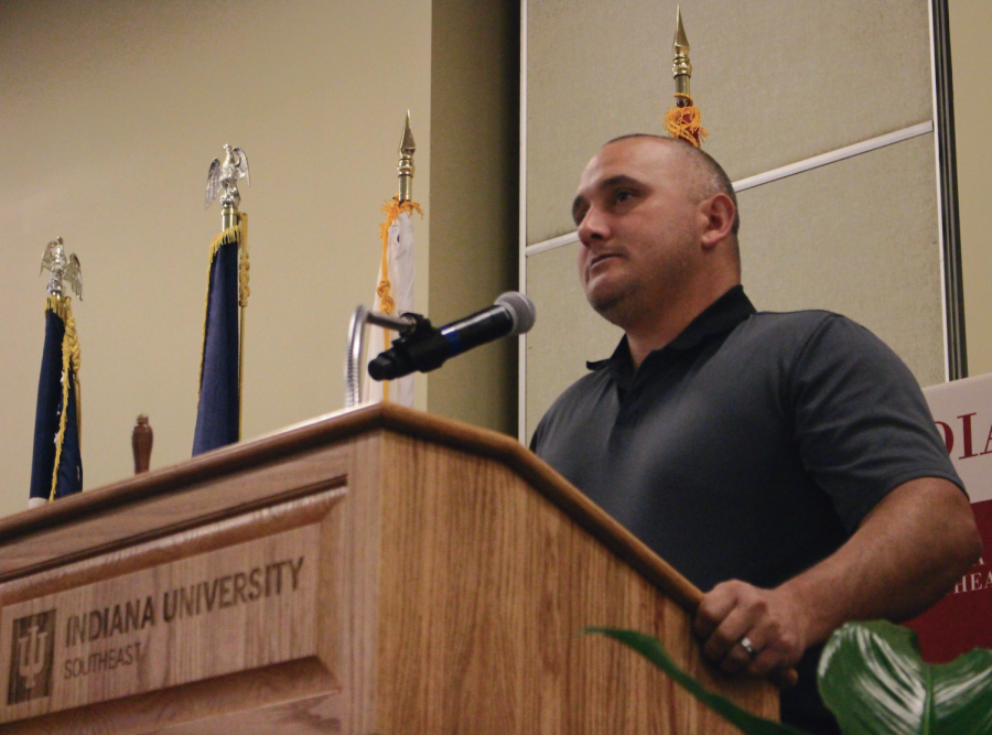 Bryan+Henderson%2C+IUS+student+veteran+organization+president+and+senior+psychology+major%2C+spoke+during+the+Veterans+Luncheon+on+Nov.+9.+