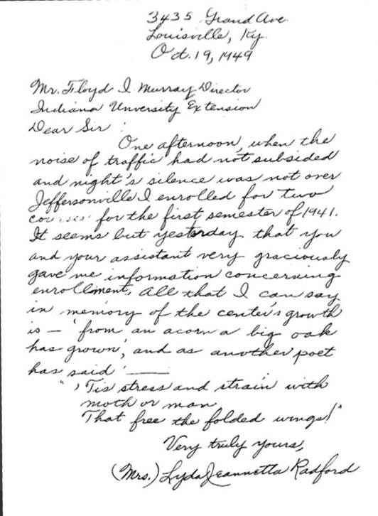 Correspondence+sent+from+Lyda+Radford+to+Floyd+McMurray%2C+founder+of+the+Falls+City+Area+Center%2C+confirming+she+was+the+first+student+enrolled+at+what+would+become+IU+Southeast.