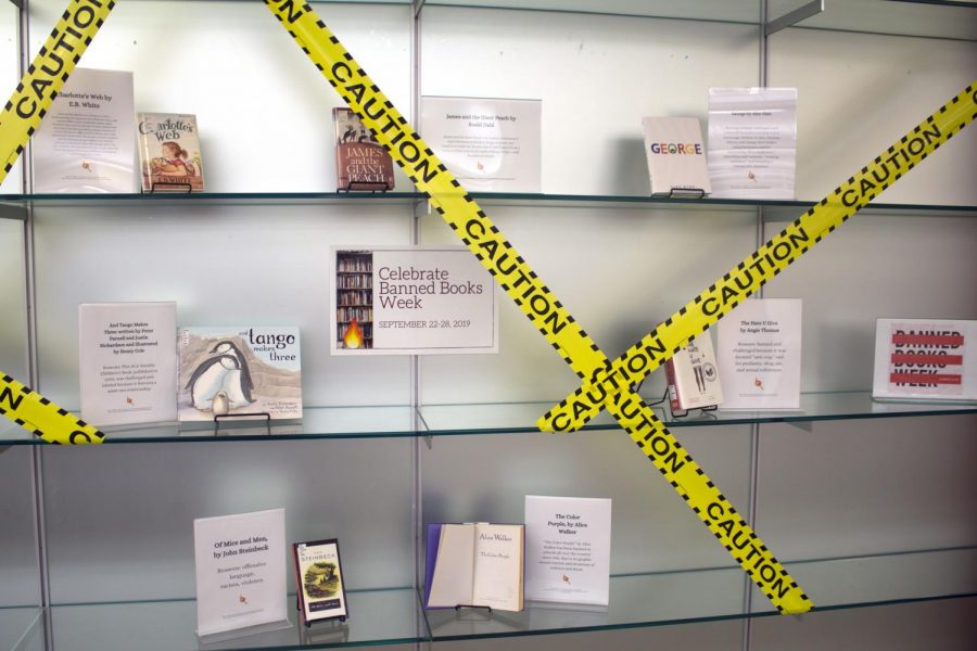 The+Banned+Books+display+located+in+the+IUS+library+features+titles+including+%22The+Hate+U+Give%22+and+%22James+and+the+Giant+Peach.%22