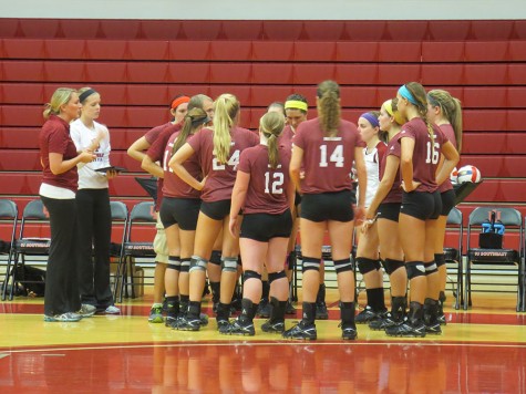 The IU Southeast volleyball team huddles up after a timeout during the fourth set against Oakland City on Thursday night. The Grenadiers lost the match in five sets. 