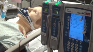 The new IU Southeast simulation patients are hooked up to monitoring equipment just like actual patients. The simulation patients can talk and have full bodily functions which are controlled by the professors in the School of Nursing. 