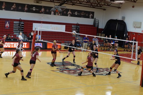  The IU Southeast women’s volleyball team scrambles to hit this ball back over the net on senior night against St. Catharine, Oct.30. The Grenadiers lost in straight sets. 