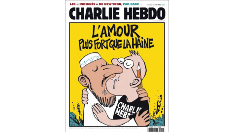 This 2011 cover of Charlie Hebdo shows a Muslim kissing one of Charlie's artists. This was their cover after their offices were destroyed from a fire bomb attack by Muslim extremists that year.