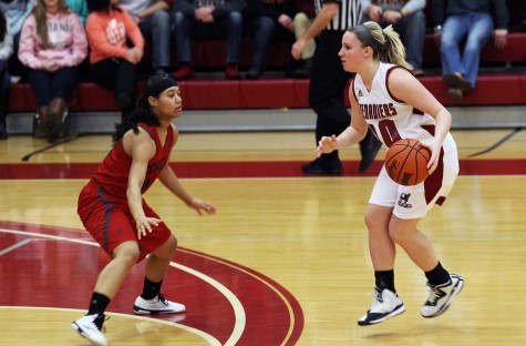 Senior guard, Heather Wheat, faces down a Cougars defender in the Grenadiers 55-51 win over IU Kokomo.