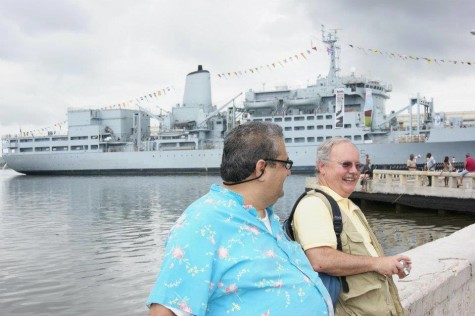 Psychology Professor Bernardo J. Carducci (left), and Cliff Staten (right) at a harbor in Cuba.