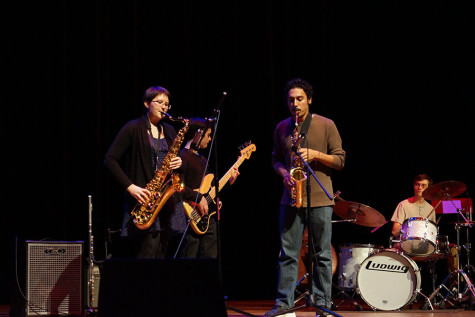 Zoe Blackwell, music senior, Matt Restrepo, music sophomore, and Michael Sauffer, music junior, perform during Fallstock.