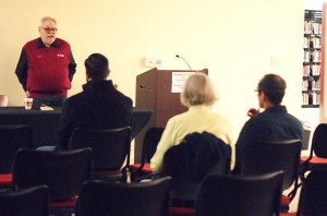 Gerry Stribling, author of “Buddhism for Dudes: A Jarhead's Field Guide to Mindfulness,” speaks to students and faculty on Thursday, Jan. 28 in the reading gallery on the third floor of the IUS library. Stribling discussed Buddhism and signed copies of his book. 