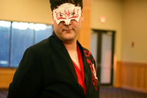 Michael Hartsfield, unaffiliated cosponsor for the Spring Ball, wears the regalia of “RWBY” anime character Adam Taurus. Hartsfield said he came to the event to offer support to friends.