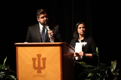 Nicholas Moore, business junior and vice president of the Gay-Straight Alliance, and Veronica Medina, assistant professor of sociology and co-director of the Common Experience, stand at the lectern as Moore reads a question submitted on Twitter for diversity advocate and Pennsylvania State Rep. Brian Sims. Sims’ speech was live streamed to the other campuses in the IU system, and anyone who viewed his speech could submit questions to the Common Experience’s Twitter account, @common_ius. 
