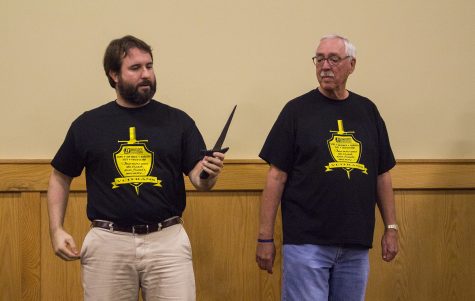 Brian Easley, retired Army staff sergeant (left), and Dan Minton, retired Army Vietnam veteran, performing an excerpt from “Hamlet.”