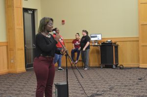 Martina Andrews, sociology senior, singing an accapella version of Jasmine Sullivan’s “Need You Bad.” Andrews would go on to be named best singer of the competition.