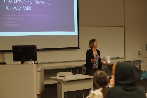 Elizabeth Gritter, professor of history, speaking about Harvey Milk, a gay rights activist.