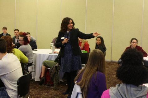 Mary Starvaggi speaks to students in the Hoosier Room during the etiquette workshop.