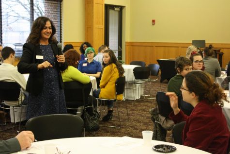 Mary Starvaggi speaks to students in the Hoosier Room during the etiquette workshop.