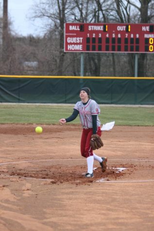 Pitcher Emily Weiss throws a pitch for a called strike in last Friday's doubleheader versus Carlow University.